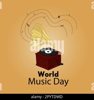 World Music Day with gramophone with vinyl recording on disc vector. Music Day Poster, June 21st. Stock Vector
