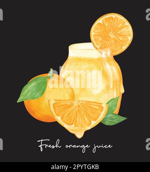 Composition set of fresh homemade orange juice with fruits watercolour illustration vector isolated on black background. Stock Vector