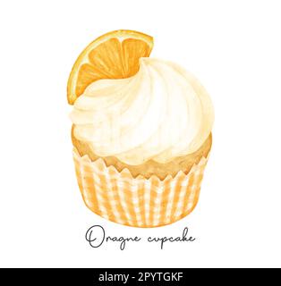 semi realistic homemade orange favour cupcake sweet watercolour illustration vector banner isolated on white background. Stock Vector