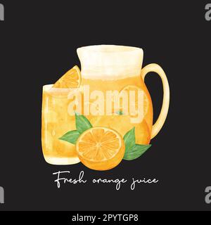 set of fresh homemade orange juice in glass and jar with orange fruit composition watercolour illustration vector isolated on black background. Stock Vector