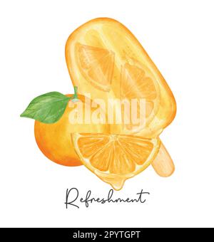 Refreshment homemade orange ice cream popsicle with fruits composition watercolour illustration vector banner isolated on white background. Stock Vector