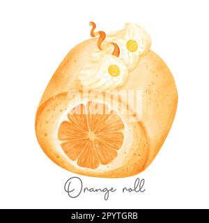 semi realistic homemade orange favour cake roll sweet watercolour illustration vector banner isolated on white background. Stock Vector
