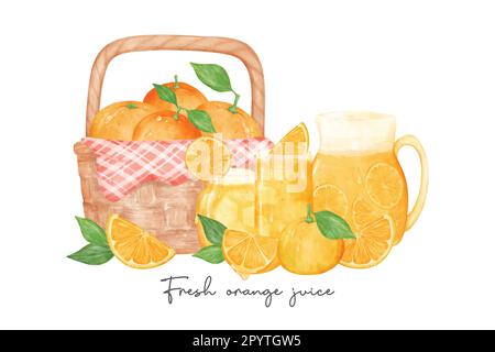 set of fresh homemade orange juice with fruits composition watercolour illustration vector banner isolated on white background. Stock Vector
