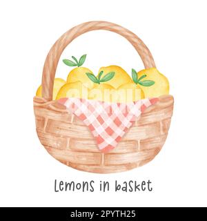 group of yellow lemons vegetables watercolour in wooden vintage wicker basket vector cartoon hand painted illustration isolated on white background. Stock Vector