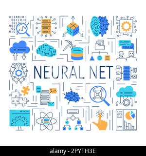 Artificial neural network banner in line style. Computing system symbols, machine learning. Vector illustration. Stock Vector