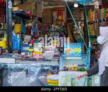 The products for sale at the shop in the local market in Kea Farm. Stock Photo