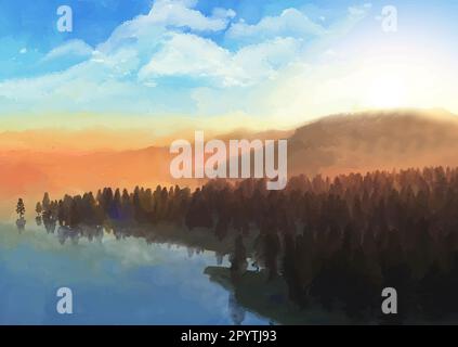 Hand painted background of an abstract sunset trees and hills landscape Stock Vector