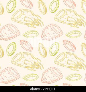 Hand drawn ginseng seamless pattern. Vector illustration in sketch style. Medicinal plant background. Botany design Stock Vector