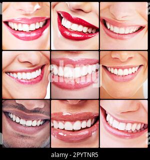 Dentistry, health and collage of teeth smiles with dental wellness and fresh mouth routine. Self care, cosmetic and montage of a diverse group of Stock Photo