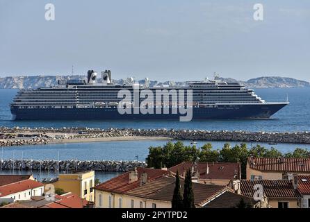 The Oosterdam cruise liner of the Holland America Line shipping company leaves the French Mediterranean port of Marseille. Stock Photo