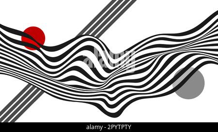 Abstract black and white wave on a gray background. Horizontal lines stripes pattern or background with wavy distortion effect. Stock Vector