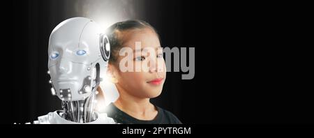 Close-up of a Girl and Robot Face in a Futuristic Digital World with Artificial Intelligence, Smart Technology, Metaverse, Digital Twins, and Coexiste Stock Photo