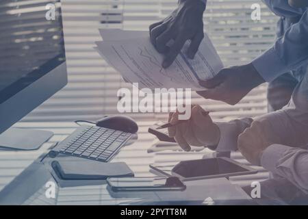 Project management, business people working in office, closeup of hands. Consulting concept. Stock Photo