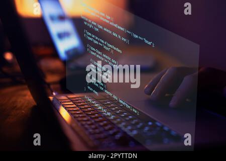 Programming code writing, software coding developing, hands typing computer script. Stock Photo