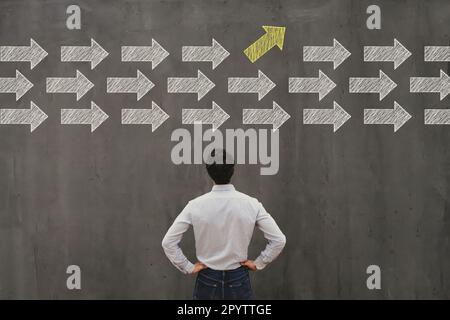 think different, change direction concept, creative thinking Stock Photo
