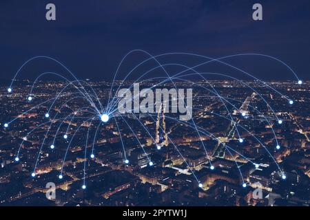 network communication or distribution concept, connection line from central point over night city Stock Photo