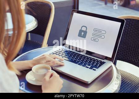 data protection and internet security concept, woman user typing password on computer for secured access Stock Photo