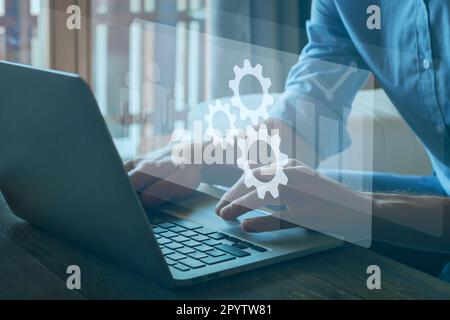 Automation and optimisation concept, business process workflow development on virtual screen. Stock Photo