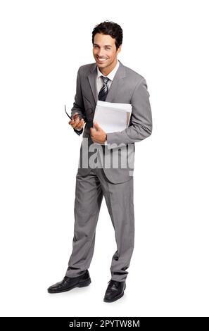 Portrait, smile and business man with paperwork isolated on transparent png background. Documents, happy and male professional or entrepreneur with Stock Photo
