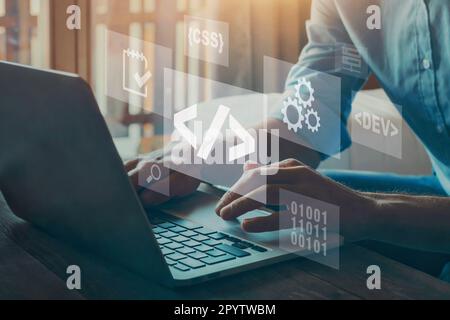 Coding software concept, developer work on computer writing programming code. Stock Photo