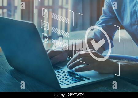 Quality control certification, checked garantee of standard of company product. Concept on virtual screen. Stock Photo