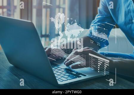 Finance analytics stock market indicators for investment strategy, financial data and charts on dashboard virtual screen Stock Photo