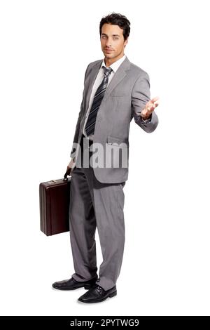 Suit, briefcase and PNG with a business man isolated on a transparent background for professional work. Corporate, welcome and hand gesture with a Stock Photo