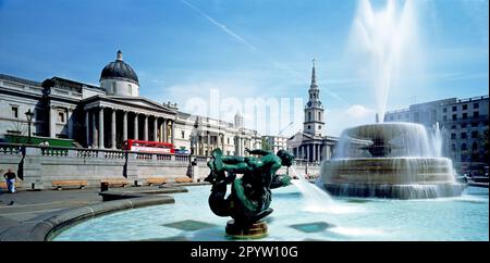England. London. National Gallery & fountain in Trafalgar Square. Stock Photo