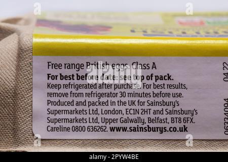 detail on carton of 6 large British Free Range Eggs by Sainsbury's Stock Photo