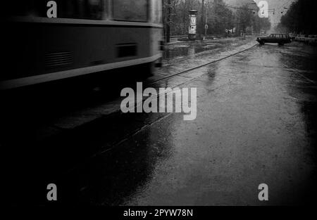 GDR, Berlin, 29.04.1989, Oranienburger Straße during rain, streetcar, [automated translation] Stock Photo