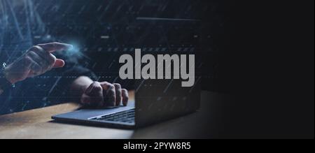 Man hand touching metaverse universe on computer. Hi-tech concept. Modern future technology visual. High quality photo Stock Photo