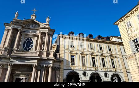 Piazza San Carlo is the living room of Turin. It is famous for its yellow palaces, the equestrian monumet caval'd brons, the church San Carlo. Stock Photo