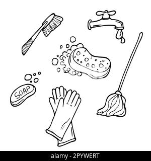 Doodle set of items for cleaning - mop, brushes, detergents, bucket, scoop, rubber gloves, soap, sponges, paper towels. Work equipment for keeping the Stock Vector