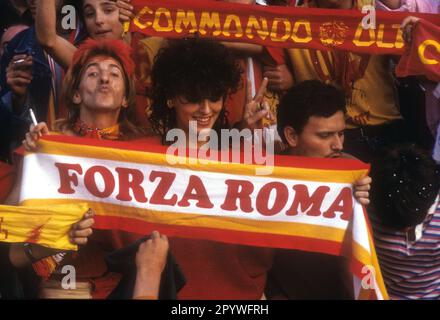 "Final European Cup of Champions Liverpool FC - AS Rome 5:3 after penalty shootout on 30.05.1984 in Rome Fans of AS Rome with scarf ""Forza Roma"" and ""Commando Ultra [automated translation]" Stock Photo
