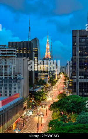 Night view of the famous Paulista Avenue at night, financial center of the city and one of the main places of Sao Paulo, Brazil, Avenida Paulista Stock Photo