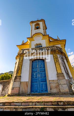 Historic church with its stairs and tower in the city of Ouro Preto in Minas Gerais seen from below, Brasil Stock Photo