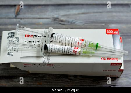 Cairo, Egypt, May 2 2023: Human anti-D (Rh) immunoglobulin Rhophylac 300 μg micrograms 1500 IU for IV or IM injection for prevention of Rh(D) immuniza Stock Photo