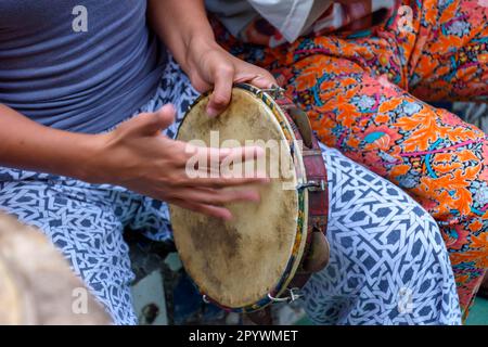 Tambourine being played by a ritimist during a samba performance in Rio de Janeiro, Rio de Janeiro, Rio de Janeiro, Brasil Stock Photo