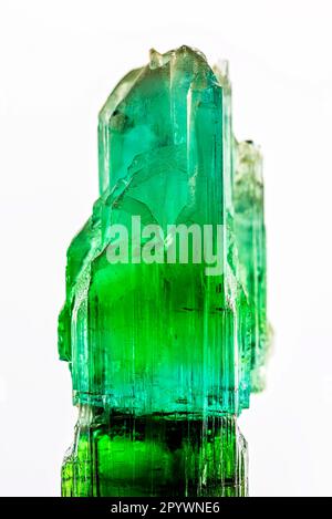 Brazilian crude green tourmaline crystal with white background, Brasil Stock Photo