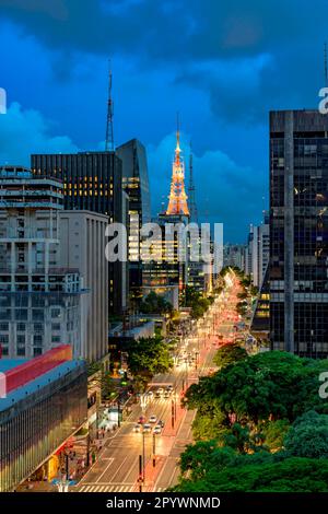 Night view of the famous Paulista Avenue, financial center of the city and one of the main places of Sao Paulo, Brazil, Avenida Paulista, Sao Stock Photo