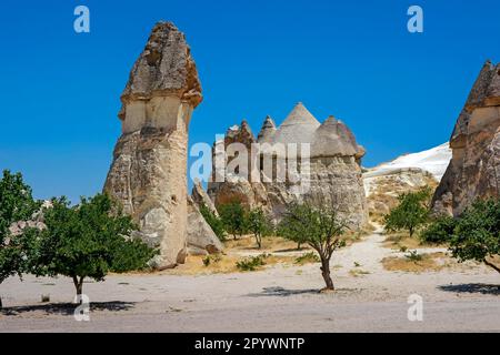 Typical and inhabited rock formations in the Cappadocia region of Turkey, Brasil Stock Photo