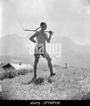 Farmer with a scythe in a meadow. In the background, the alpine panorama of the Berechtesgadener Land. Undated photo from around 1935. Stock Photo