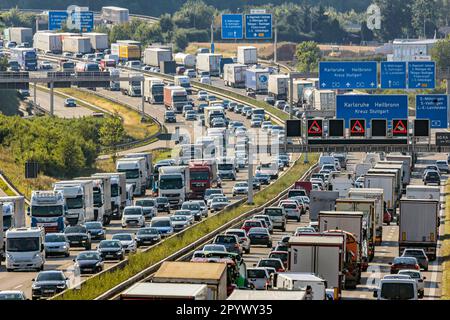 Heavy traffic with congestion, trucks and cars on the A8 motorway near Stuttgart, Baden-Wuerttemberg, Germany Stock Photo