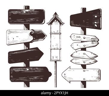 Signpost Sketch Retro wooden signpost sketch in engraved style on white background ...