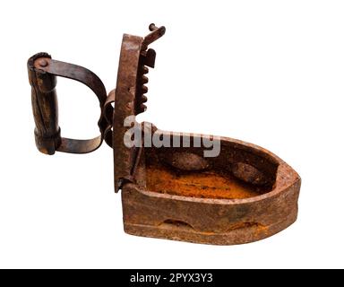open vintage rusty charcoal iron cutout on white background Stock Photo