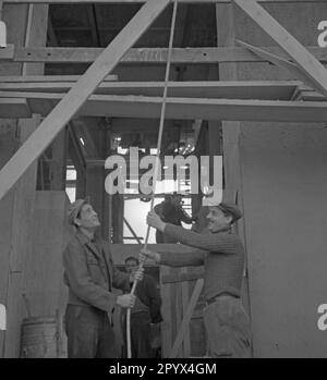 Photo of two construction workers on the tower scaffolding of Rathaus Schoeneberg in West Berlin on 21 October, 1950. The photo was taken on the day of the installation of the Freedom Bell in the tower of the seat of the Governing Mayor of Berlin, Ernst Reuter (1948-1953). The bell sounded for the first time at the ceremony of the United Nations Day (UN) on 24 October. Stock Photo