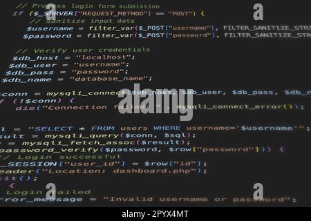Software source code in PHP open source programming language. Symbolic for development of internet applications and websites. Stock Photo