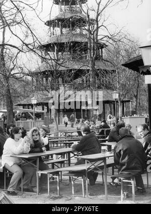 Chinese Tower and beer garden at the English Garden in Munich. Stock Photo