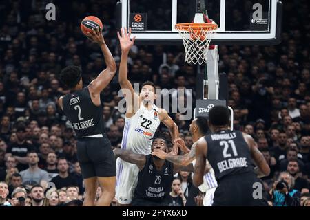 Belgrade, Serbia, 4 May 2023. Uros Trifunovic of Partizan Mozzart Bet  Belgrade warms up during the Play Offs Game 4 - 2022/2023 Turkish Airlines  EuroLeague match between Partizan Mozzart Bet Belgrade and