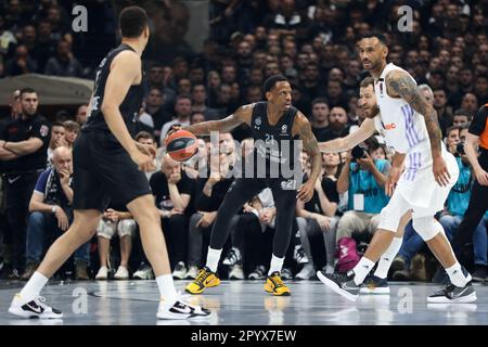 Belgrade, Serbia, 4 May 2023. Yam Madar of Partizan Mozzart Bet Belgrade  drives to the basket during the Play Offs Game 4 - 2022/2023 Turkish  Airlines EuroLeague match between Partizan Mozzart Bet